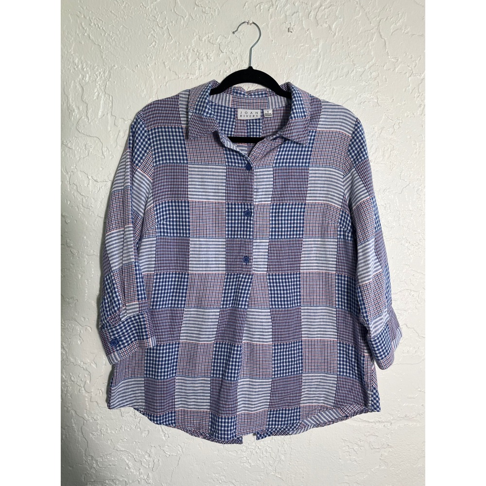 Joan Rivers Women's Size S Blue Red Patchwork Plaid Button-Down Shirt